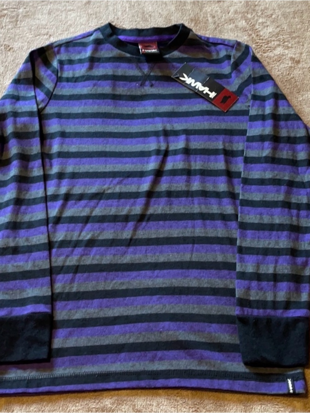 Tony Hawk Purple, Black & Gray Striped Long Sleeve Crewneck
